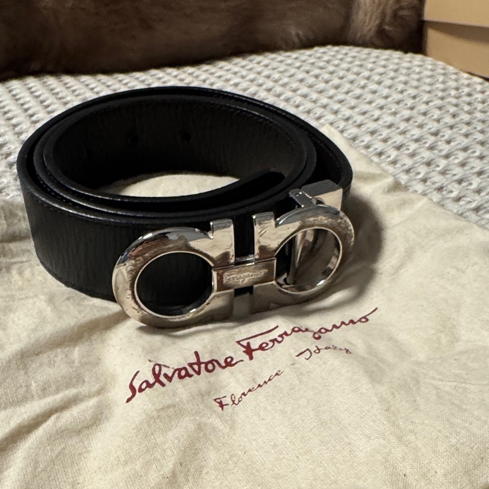 Salvatore Ferragamo Black Leather Belt with Silver Buckle